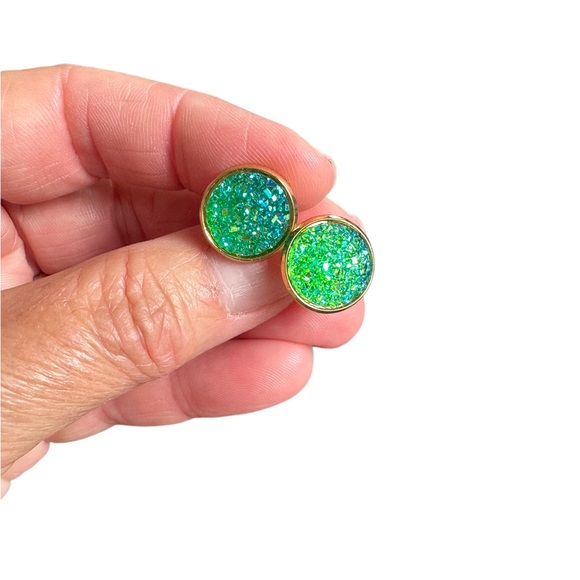 18K Gold Plated Green Blue Glitter and Gold Round Stud Earrings - Picture 3 of 6